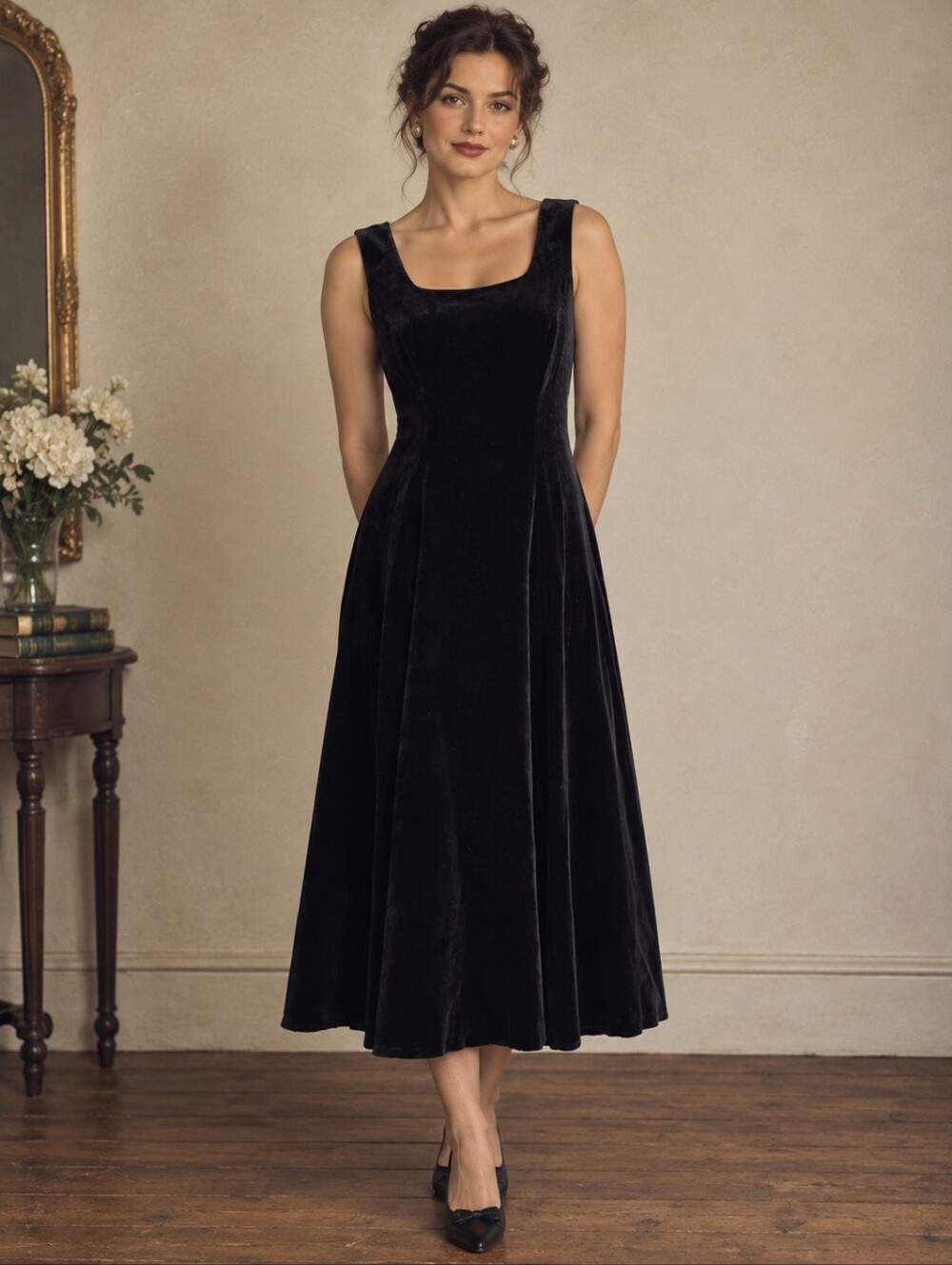 Vintage Laura Ashley Velvet Sleeveless Dress Square Neck Fit Flare Great Britain